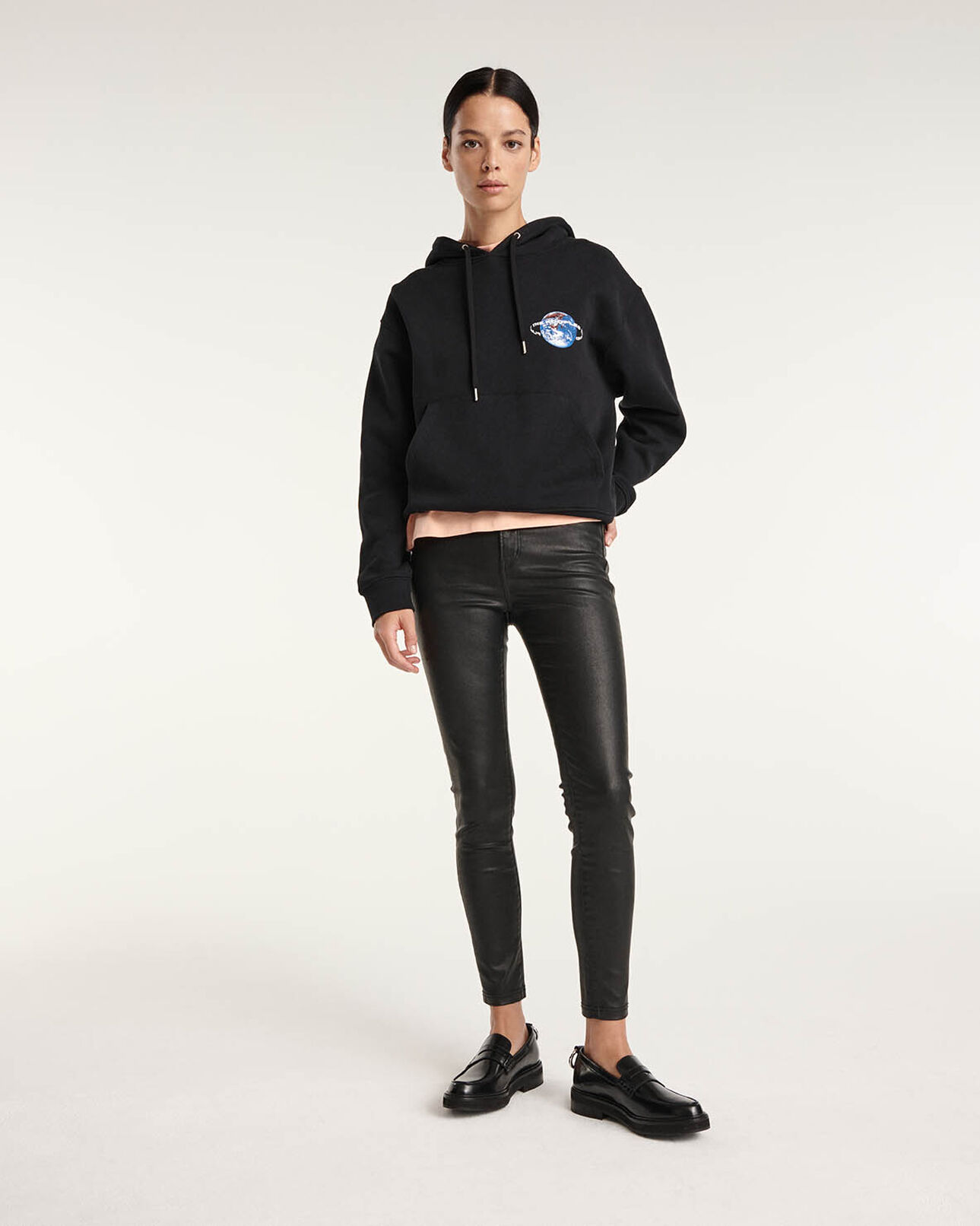 The Kooples WOMEN BLACK black hooded sweatshirt with planet logo