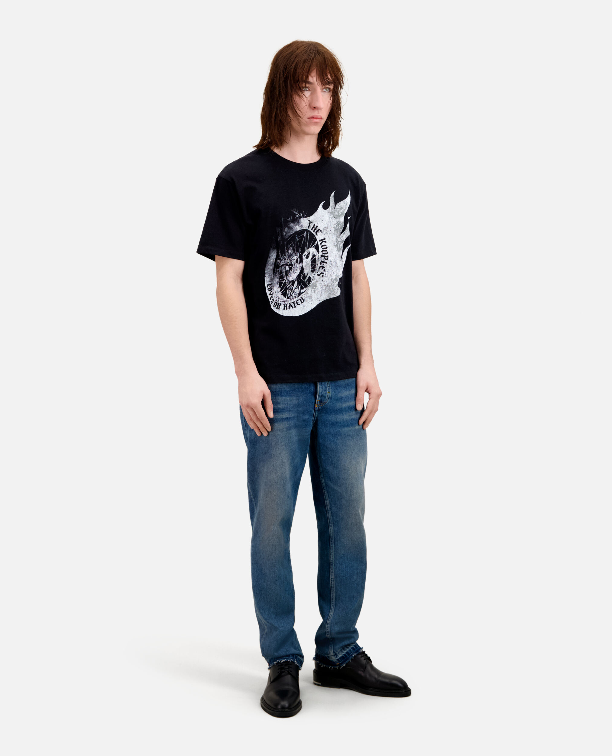 Men's black t-shirt with flaming wheel serigraphy, BLACK, hi-res image number null