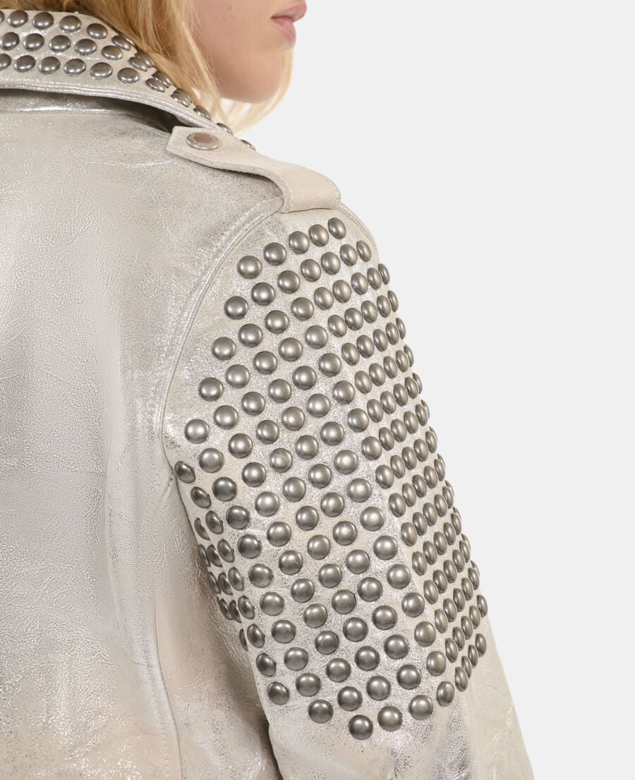The Kooples FEMME 52 ARGENT VIEILLI CORNE blouson clouté en cuir argenté
