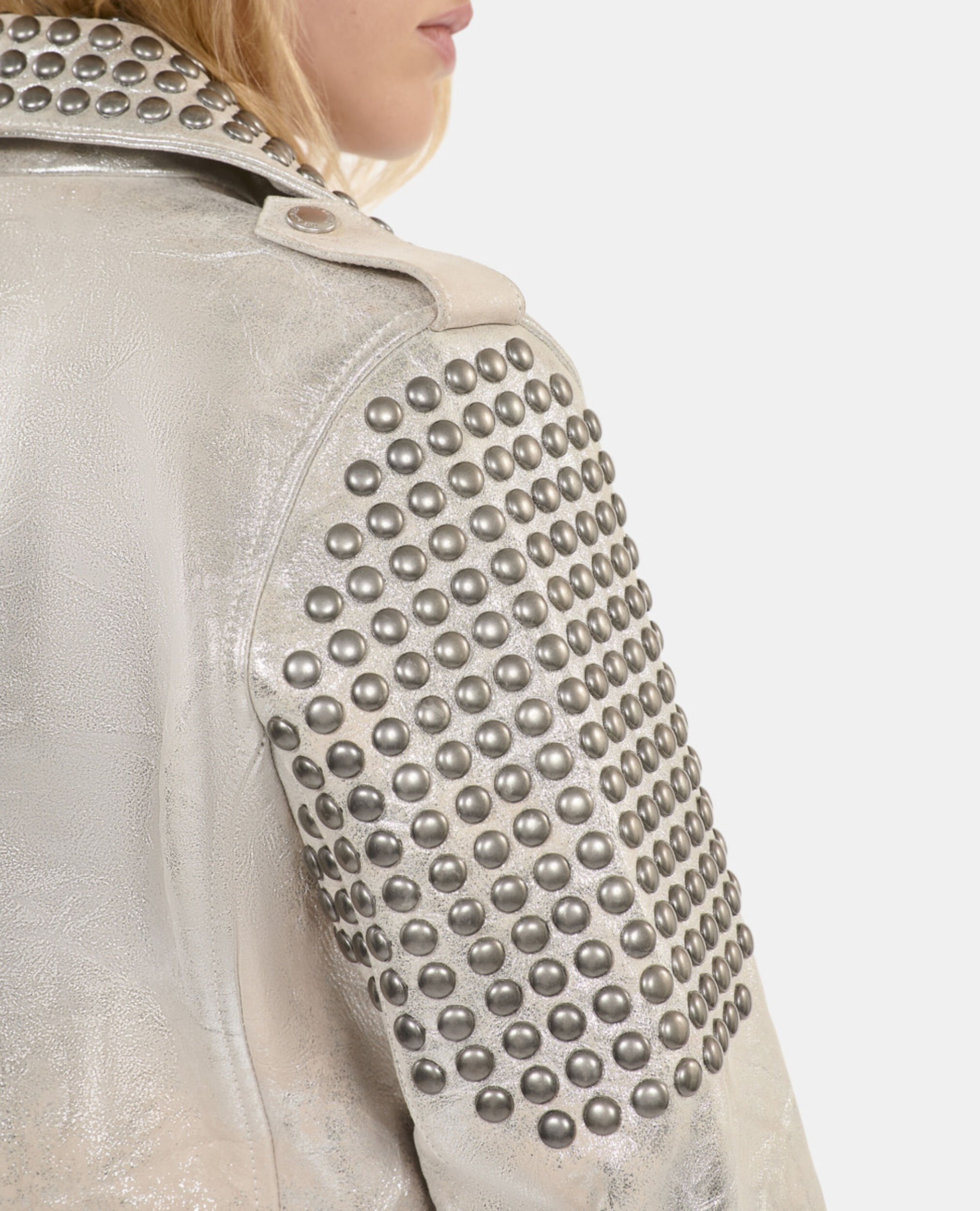 Blouson clouté en cuir argenté, 52 ARGENT VIEILLI CORNE, hi-res image number null