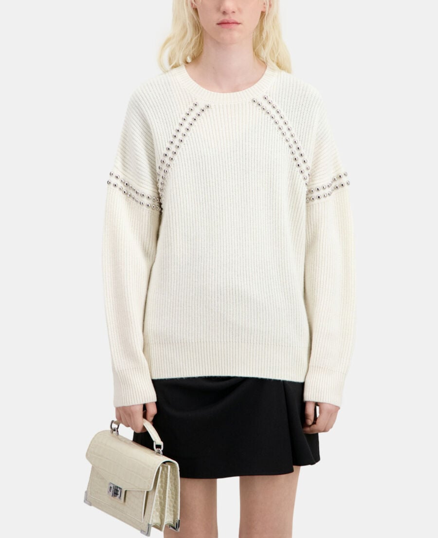 The Kooples WOMEN ECRU ecru ribbed wool and cashmere sweater with studs