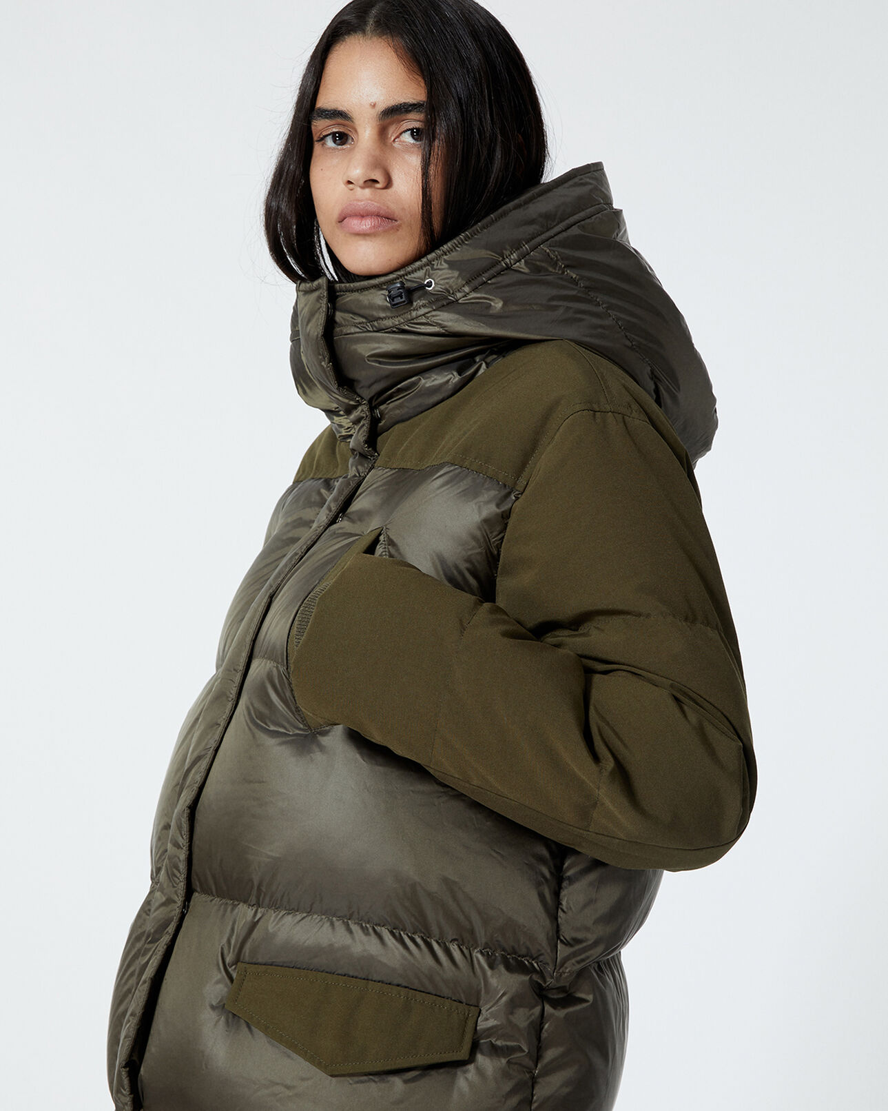 The Kooples FEMME KAKI doudoune kaki longue bimatière