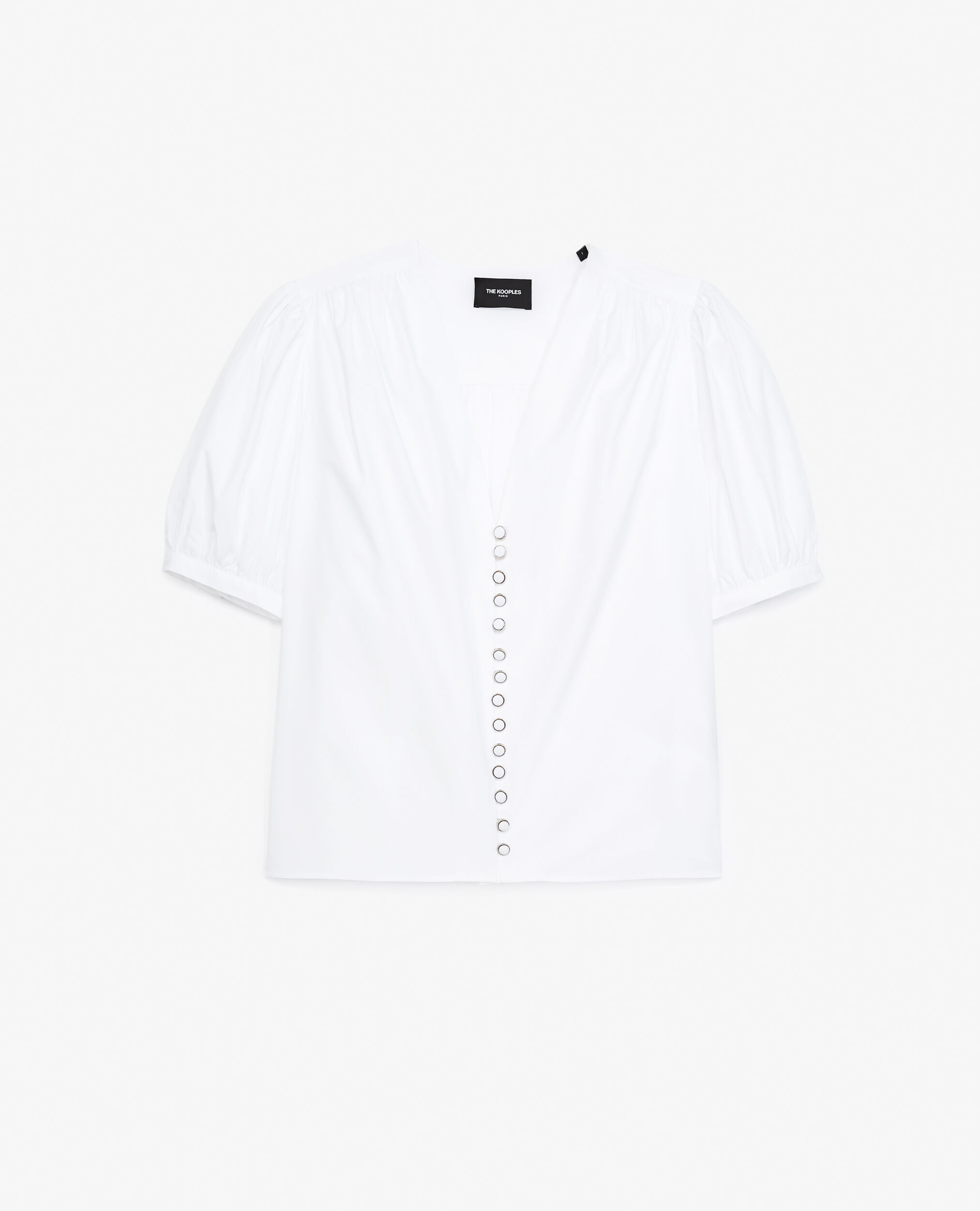 White shirt with V-neck and puffed sleeves, WHITE, hi-res image number null