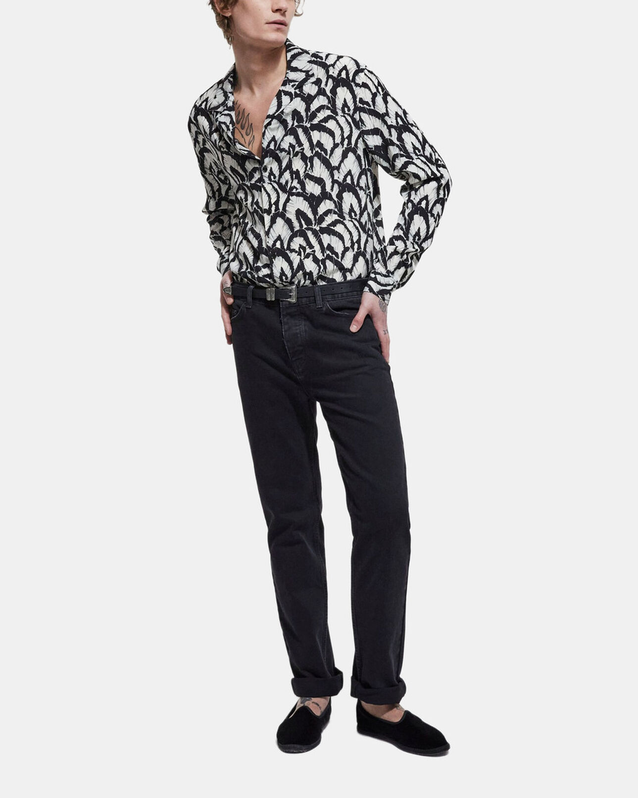 The Kooples HOMME OFF WHITE / BLACK chemise col hawaïen en soie imprimée