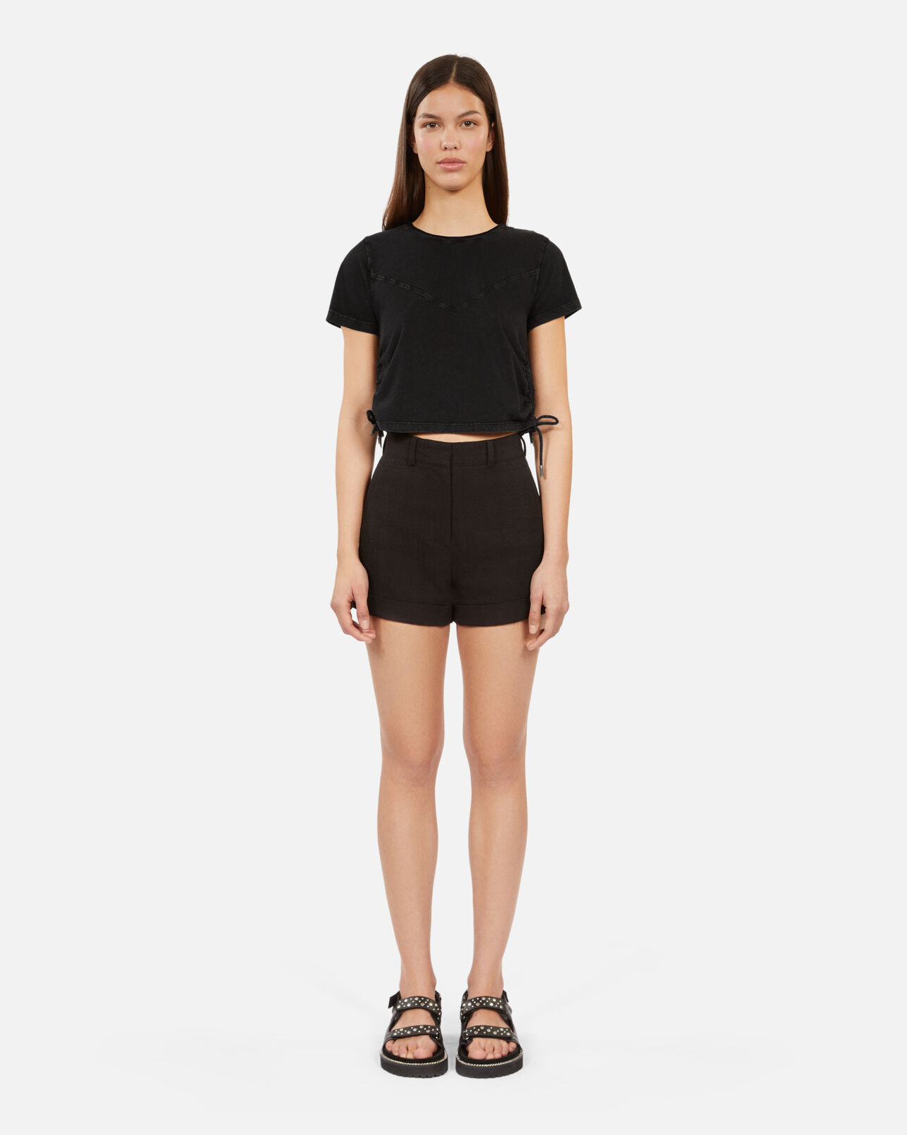 The Kooples WOMEN BLACK WASHED black t-shirt with lacing
