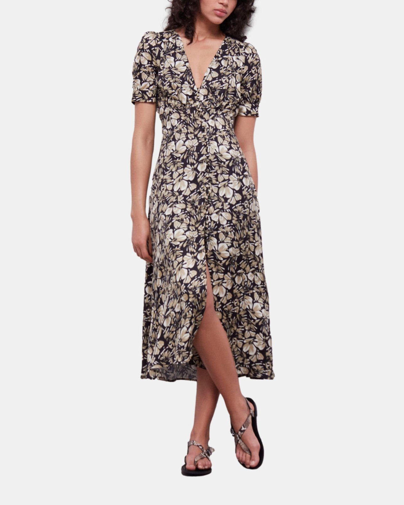 The Kooples WOMEN BLACK BROWN long printed dress with buttons