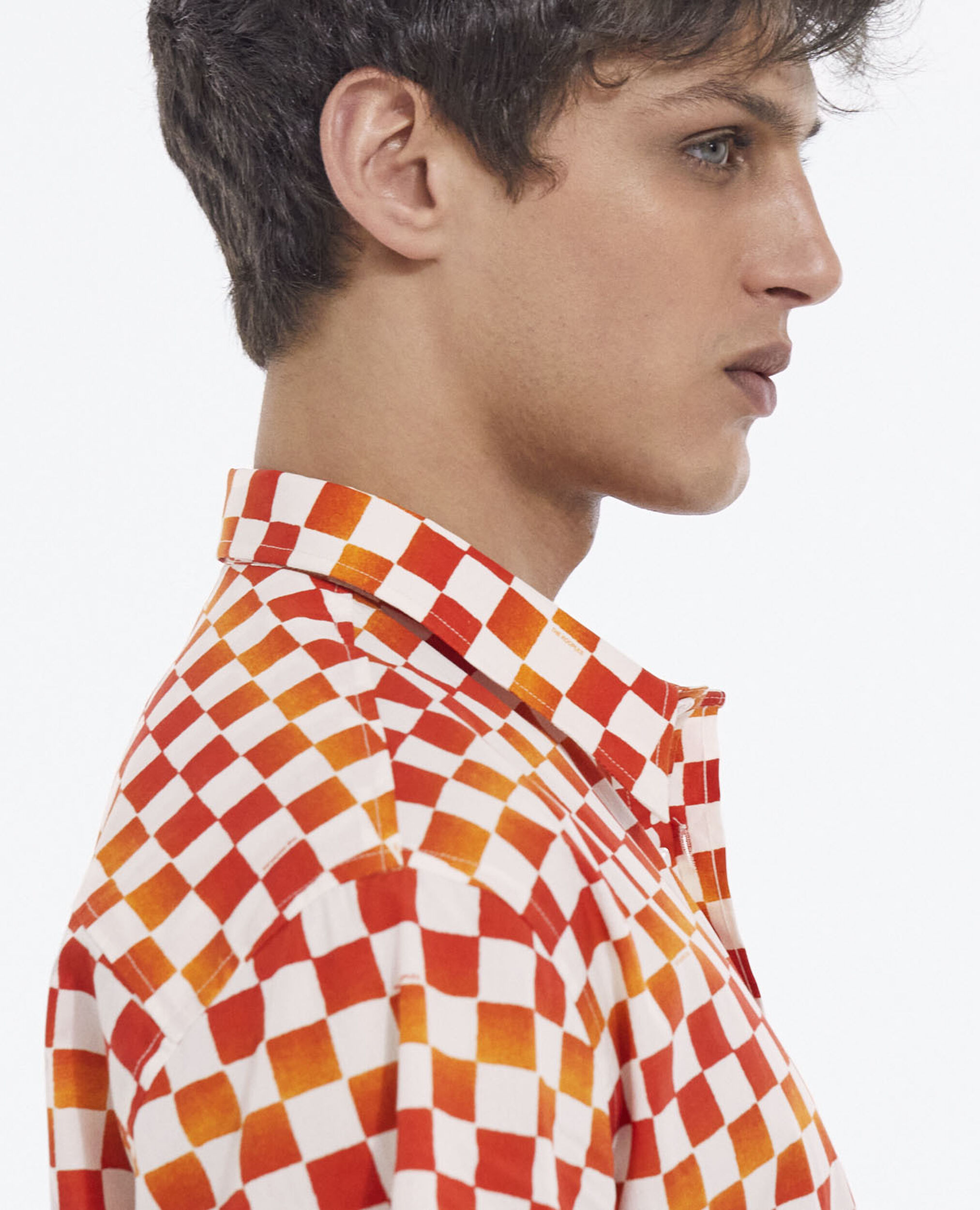 Orange cotton shirt with checkerboard motif, ORANGE RED, hi-res image number null