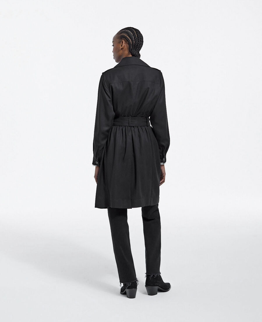 black tencel trench coat with elastic back