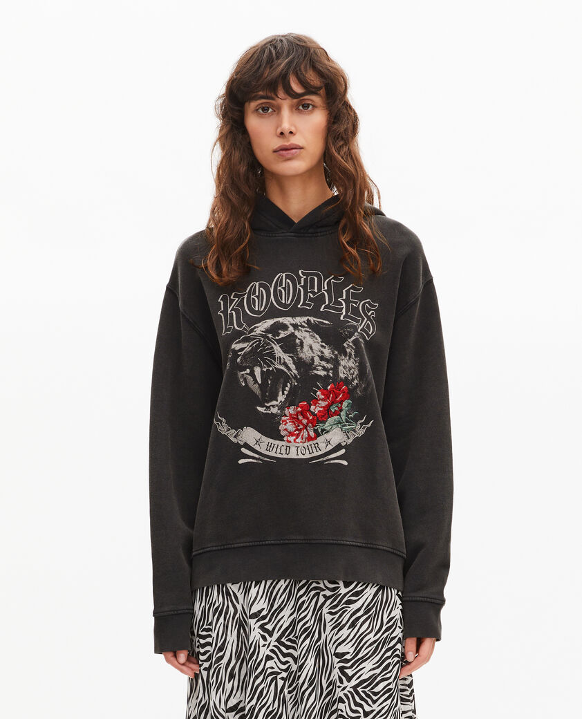 The Kooples WOMEN BLACK WASHED hooded sweatshirt with black screen print