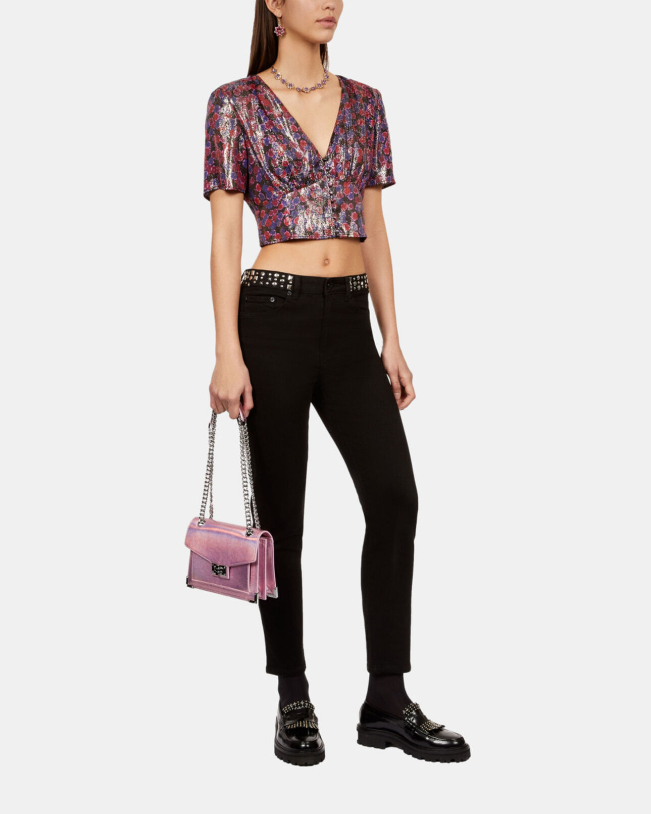 The Kooples WOMEN BLUE RED floral metallic cropped top
