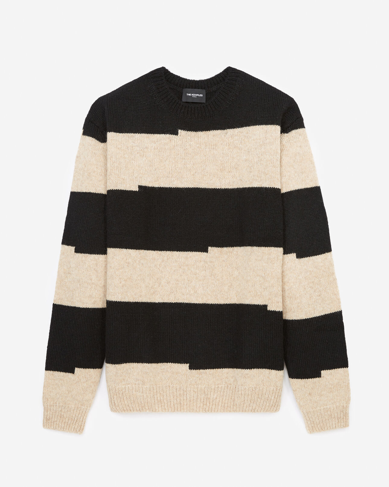 The Kooples HOMME BLACK BEIGE pull laine noir et beige à col rond