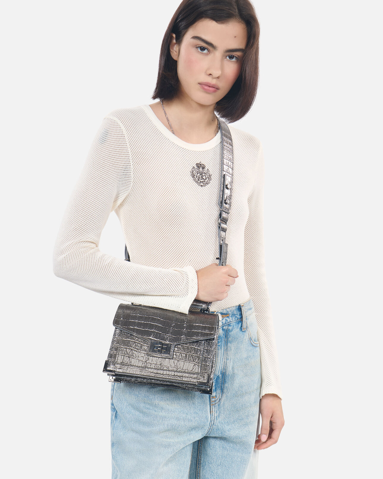 The Kooples WOMEN GUN METAL SILVER emily small bag in gunmetal crocodile-effect leather