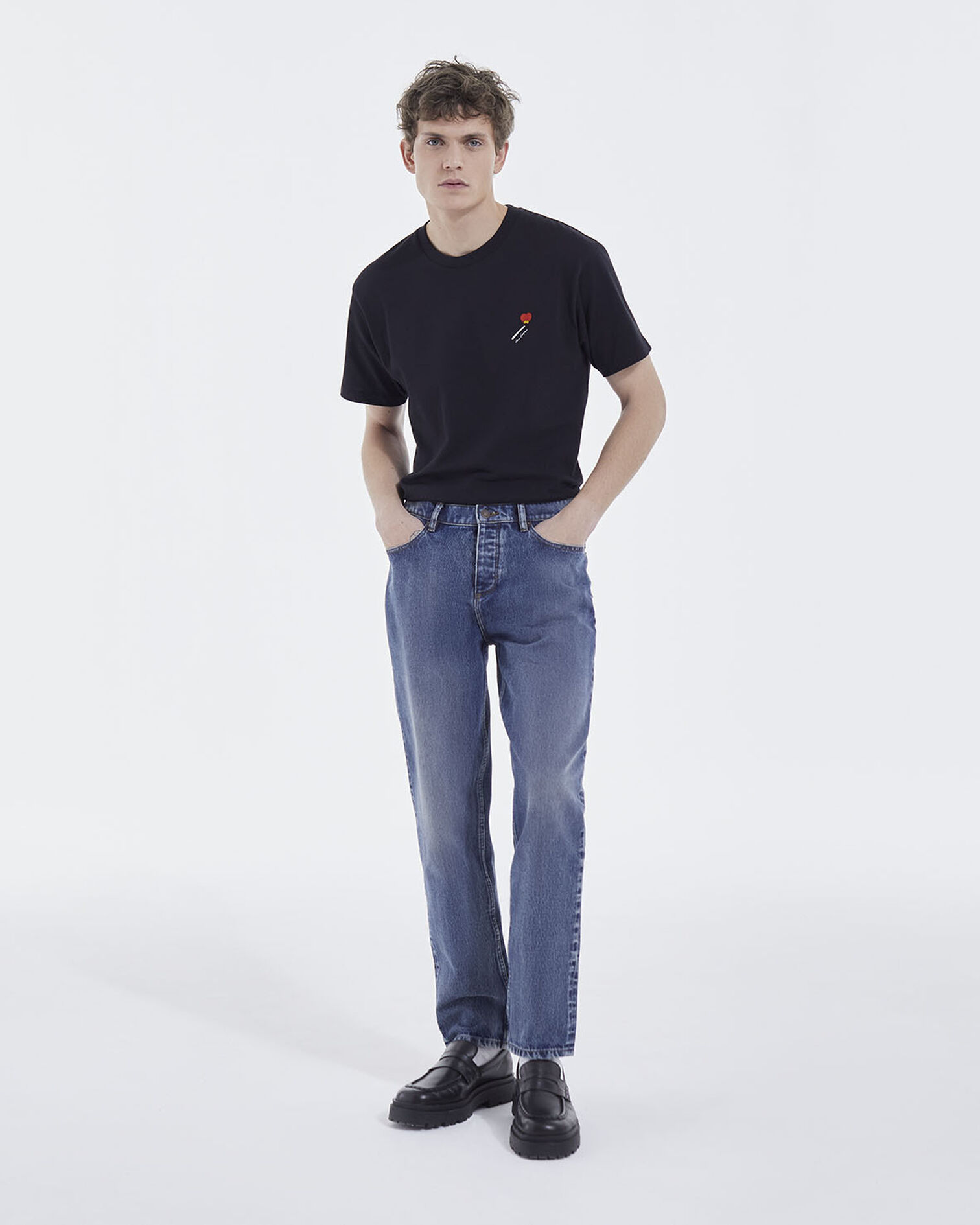 Black cotton T-shirt with embroidery, BLACK, hi-res image number null