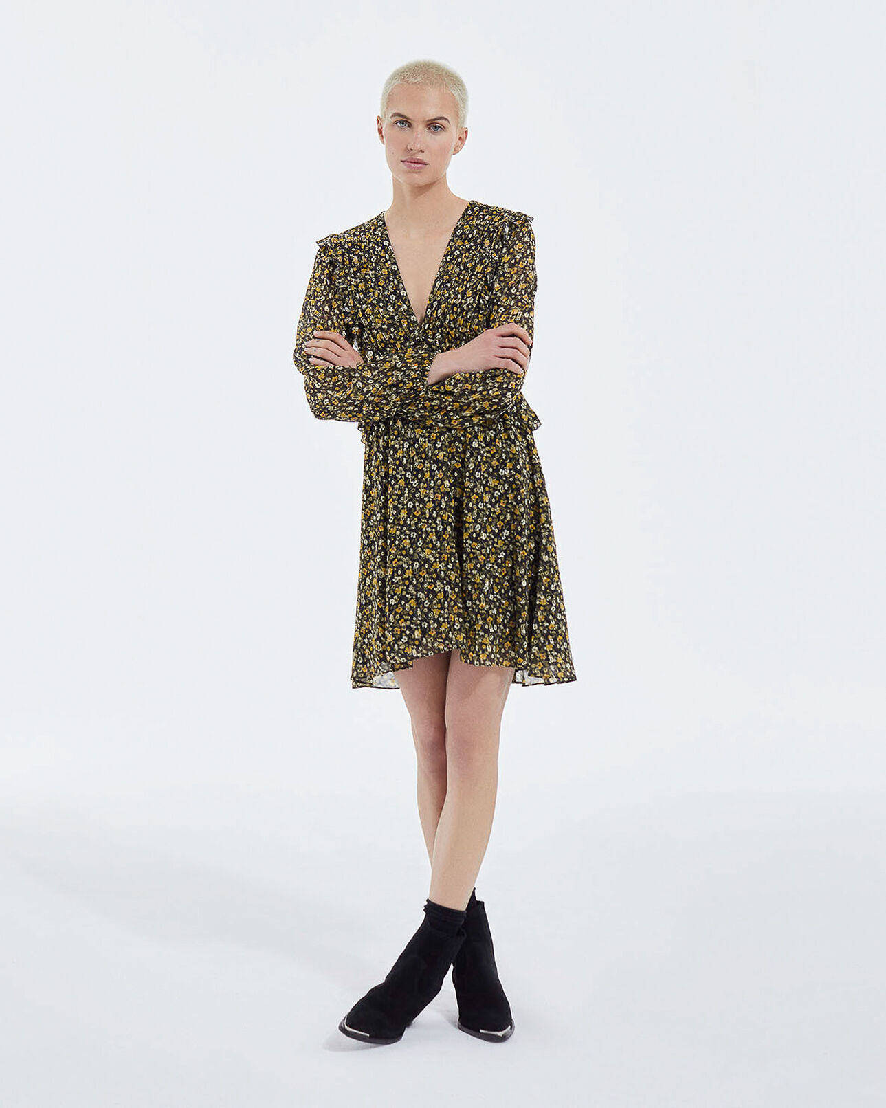 The Kooples FEMME BLACK-ORANGE robe courte volants noire et jaune argentés