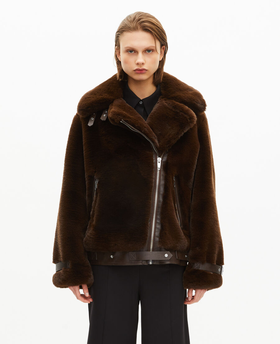 The Kooples F CHOCOLATE brown fur-effect aviator jacket