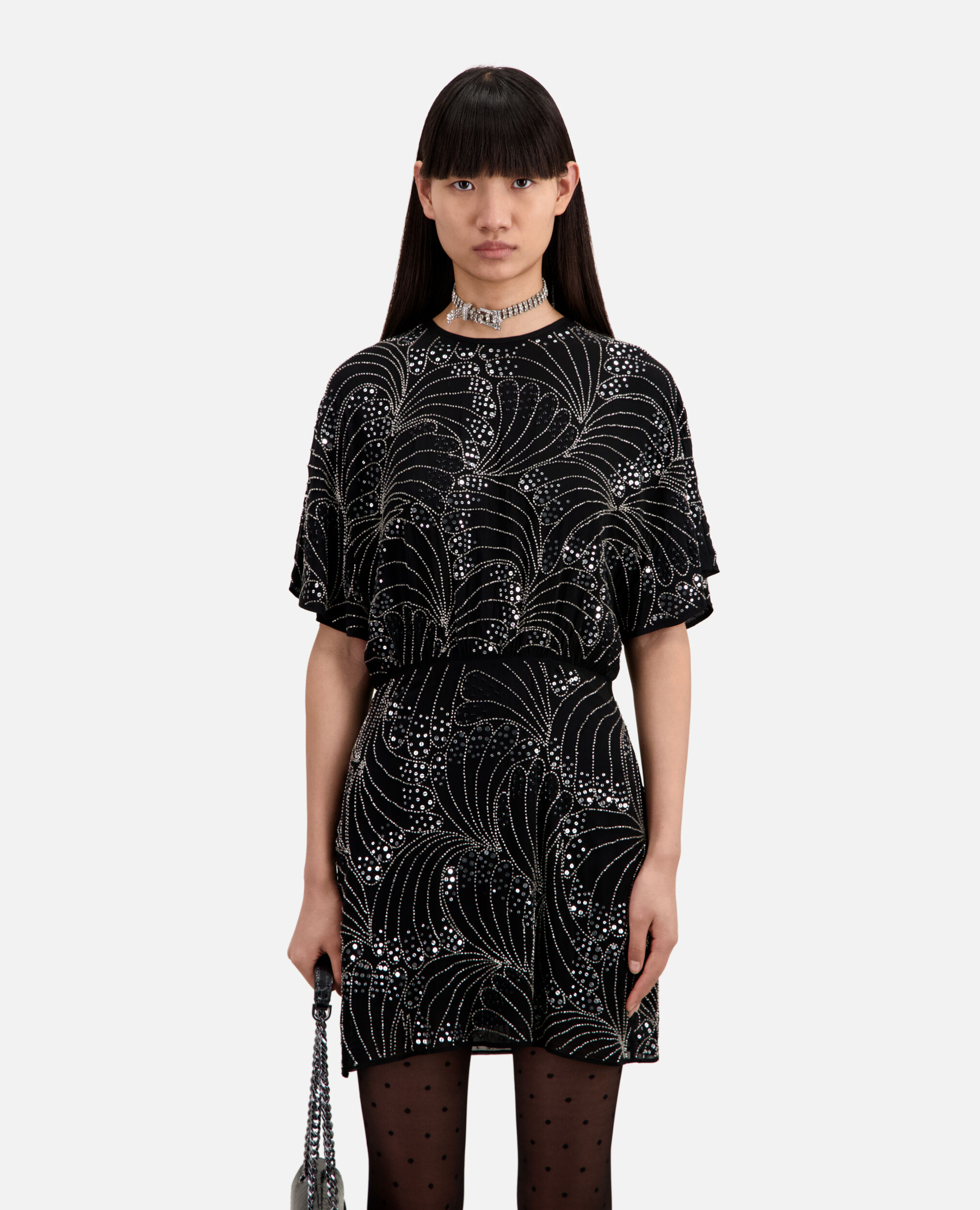 Kurzes schwarzes Kleid mit Pailletten, BLACK, hi-res image number null