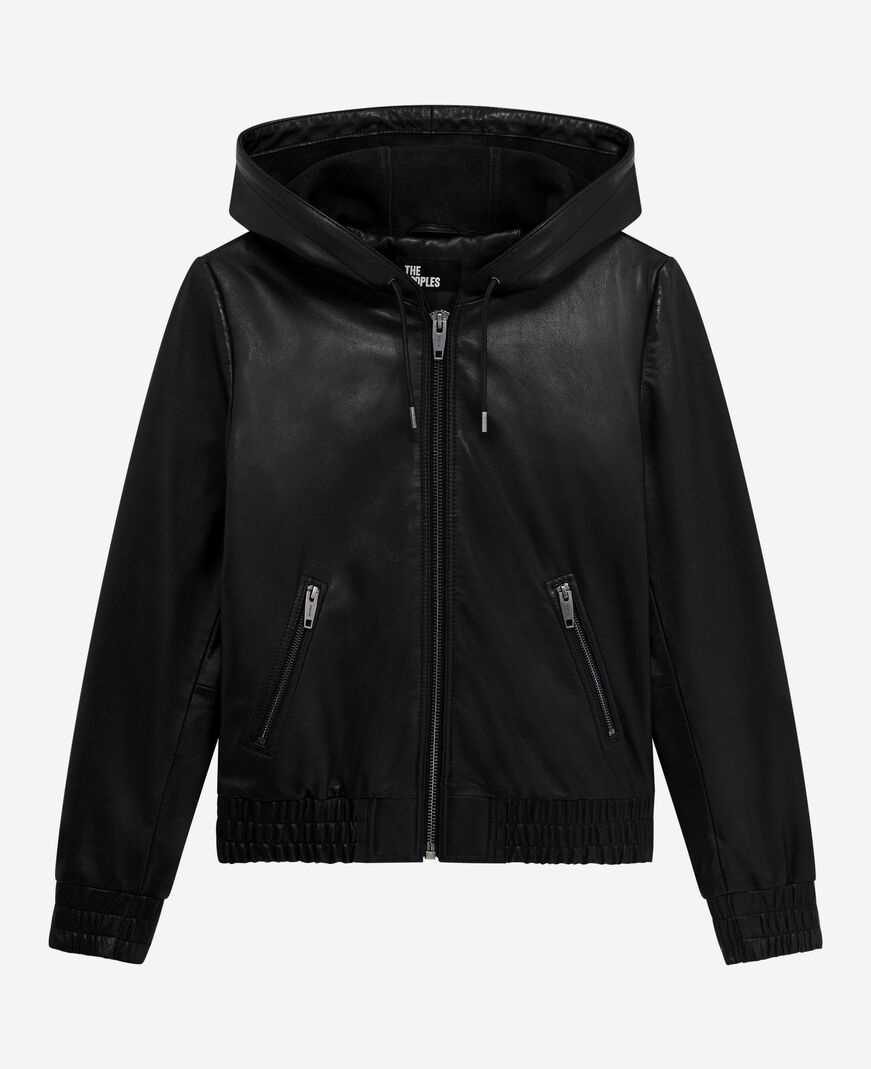 The Kooples FEMME BLACK blouson à capuche en cuir noir