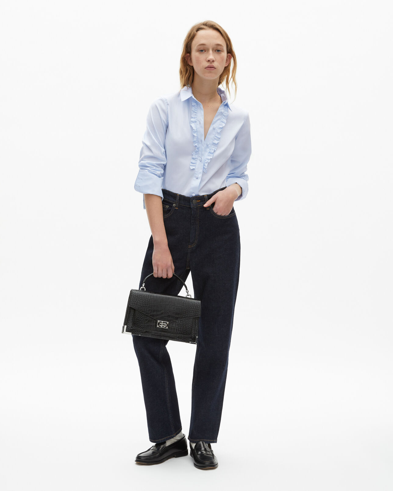 The Kooples WOMEN LIGHT BLUE blue poplin shirt with ruffles