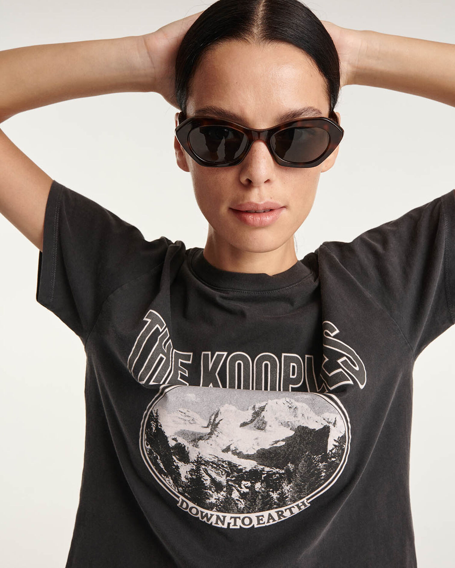 Black cotton T-shirt with mountain print, BLACK WASHED, hi-res image number null
