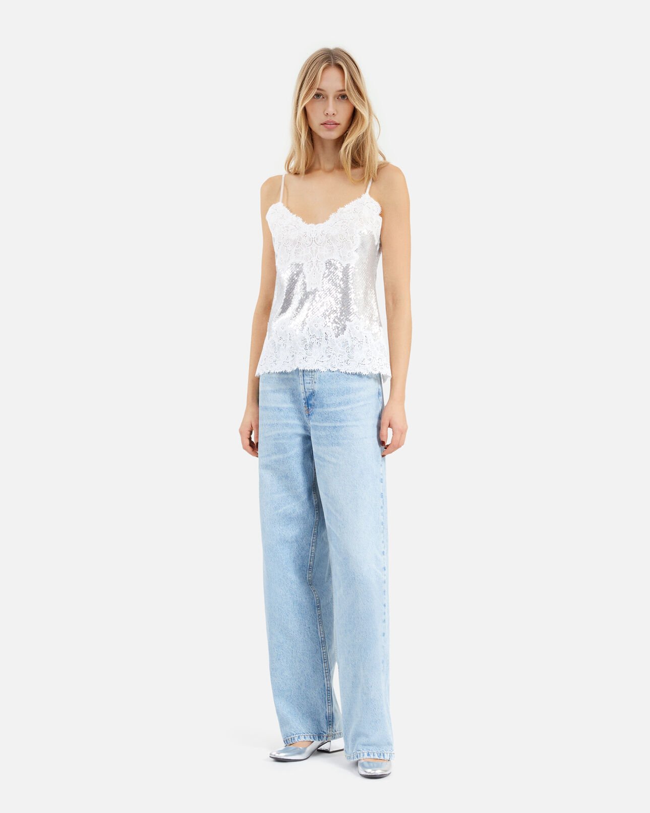 The Kooples WOMEN SILVER silver sequin and lace camisole