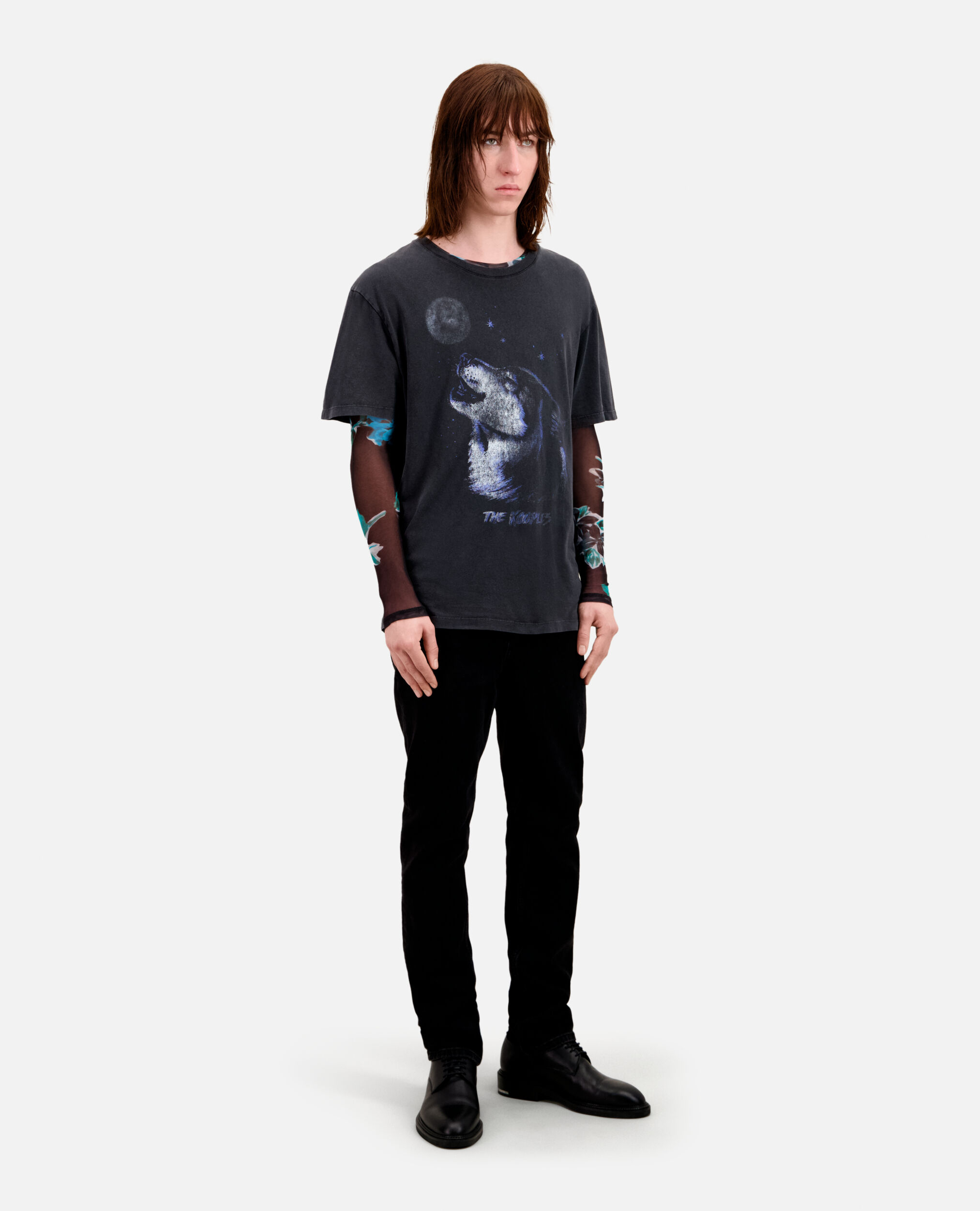 Schwarzes T-Shirt Herren mit „Wolf“-Siebdruck, BLACK WASHED, hi-res image number null