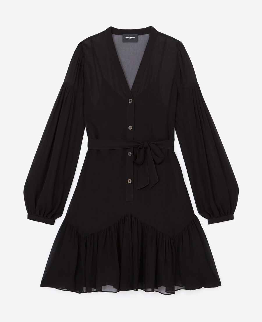 Vestido negro corto escote V cinturón | The Kooples