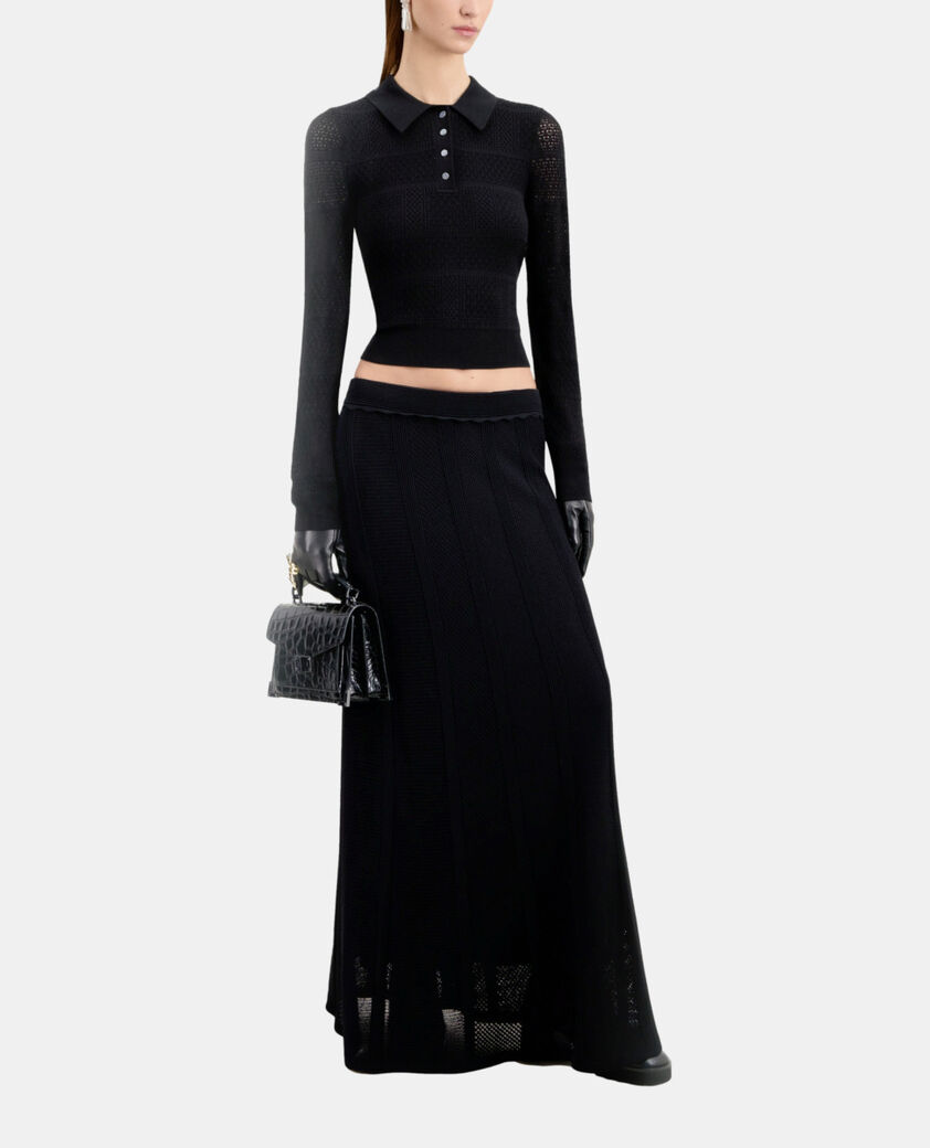 The Kooples DAMEN BLACK schwarzes poloshirt aus ajour-strick