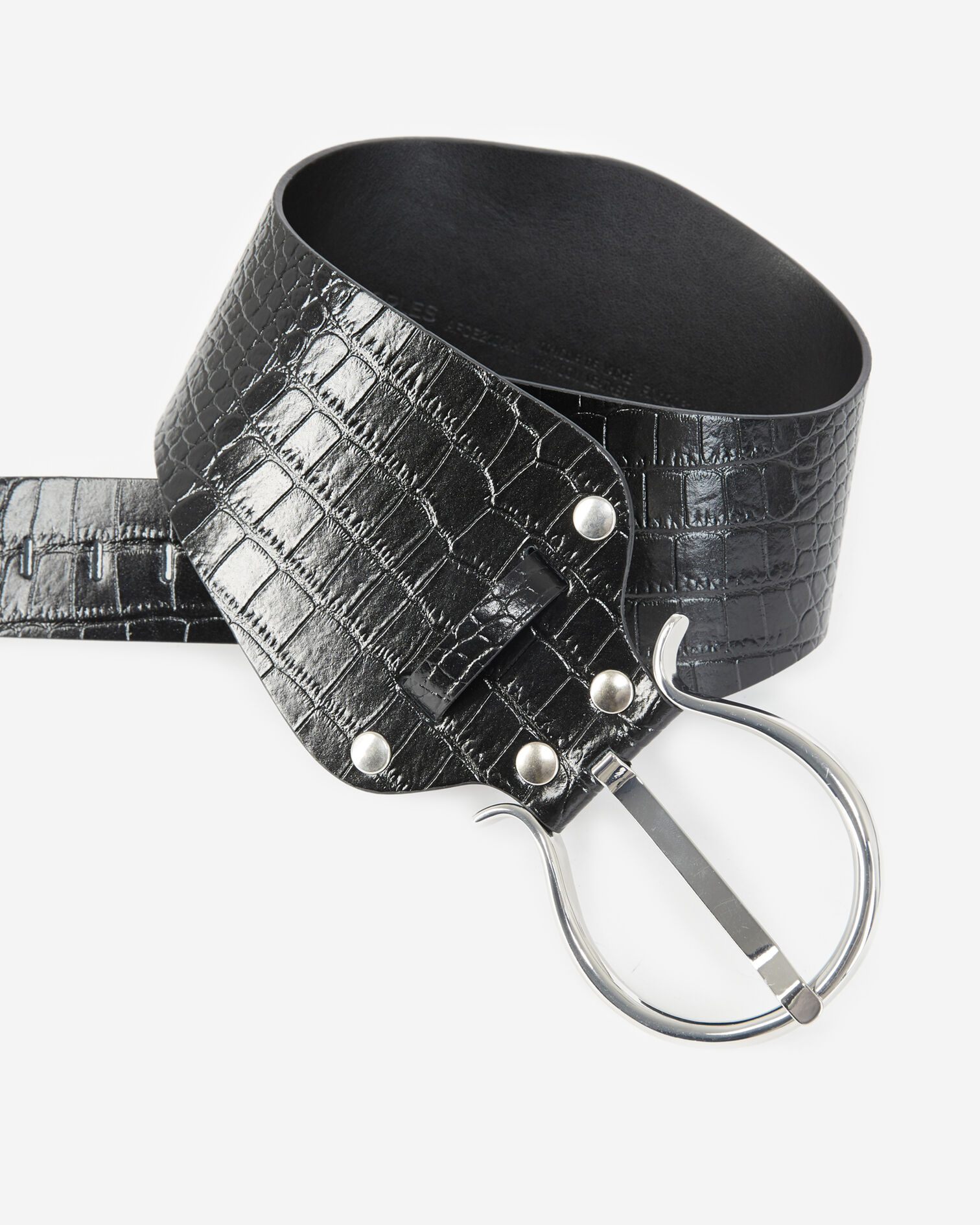 Black large leather belt with silver buckle, BLACK, hi-res image number null