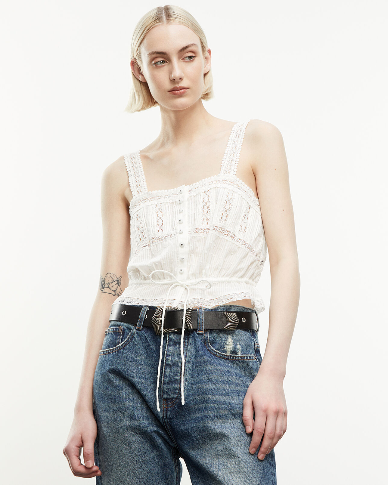 The Kooples FEMME ECRU top écru coton à détails brodés
