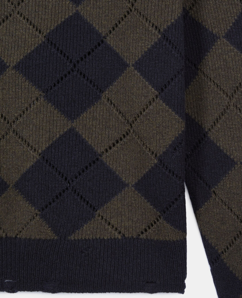 The Kooples HOMME GREEN NAVY pull &agrave; losanges noir et kaki