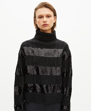 The Kooples F BLACK dark grey turtleneck sweater with sequin stripes