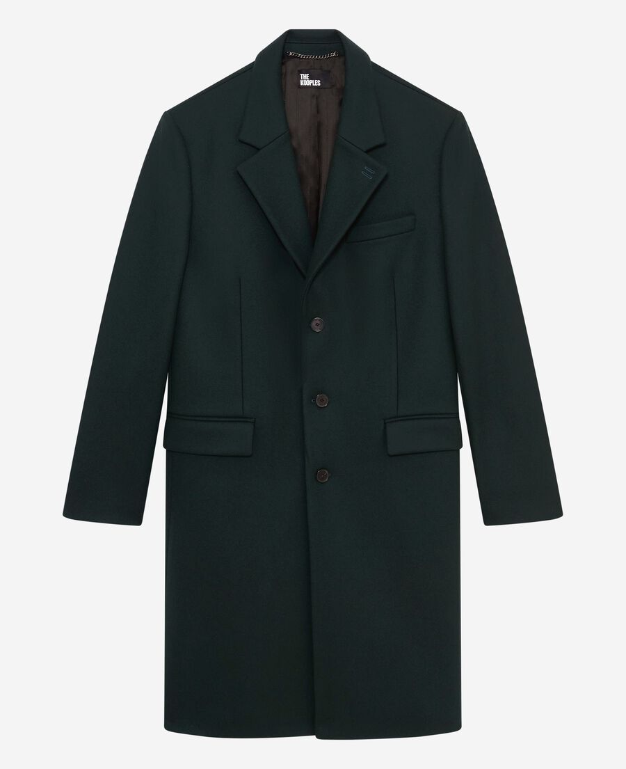 The Kooples MEN BOTTLE GREEN dark green leather lapel collar wool coat