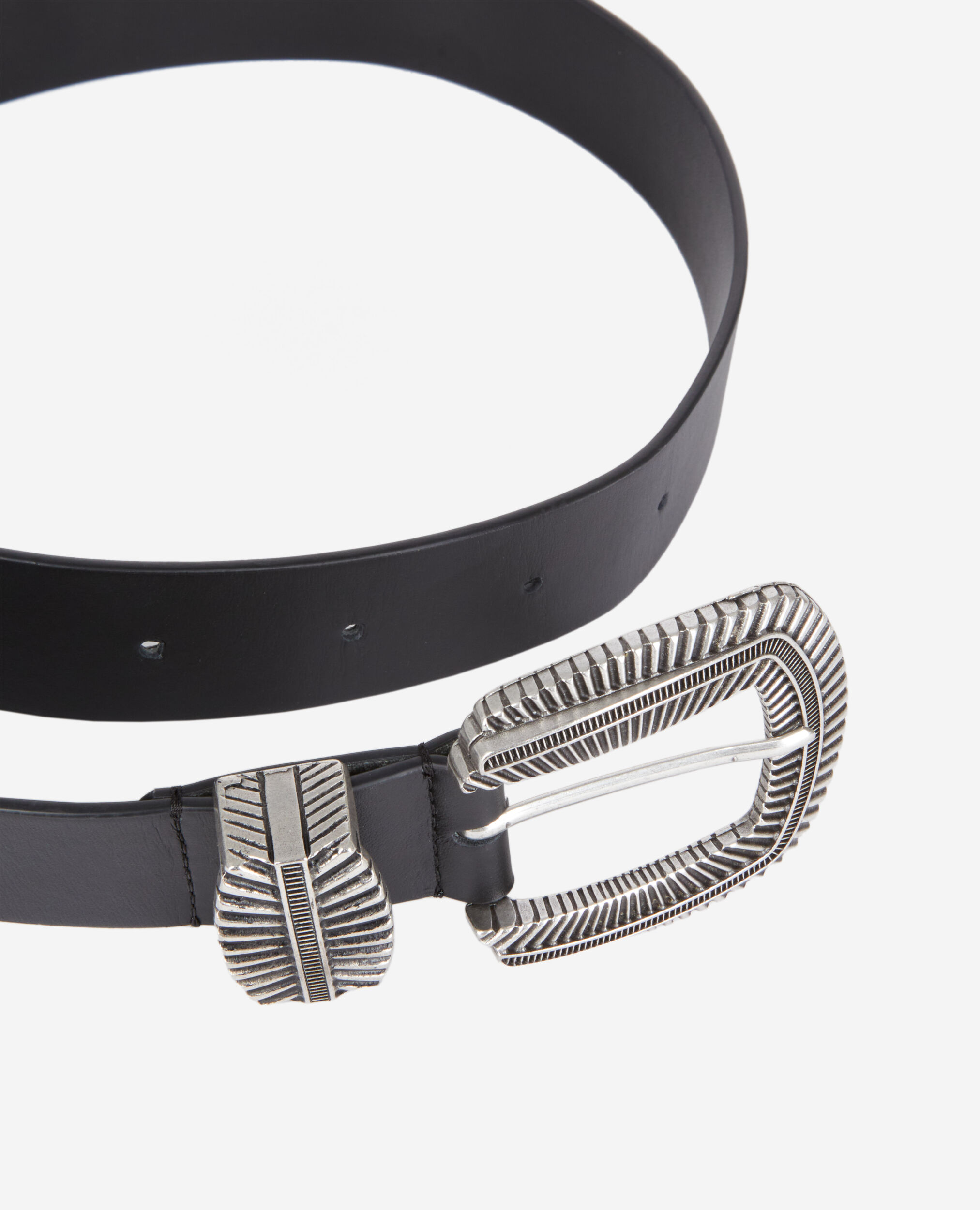 Black leather belt with streaked buckle, BLACK, hi-res image number null