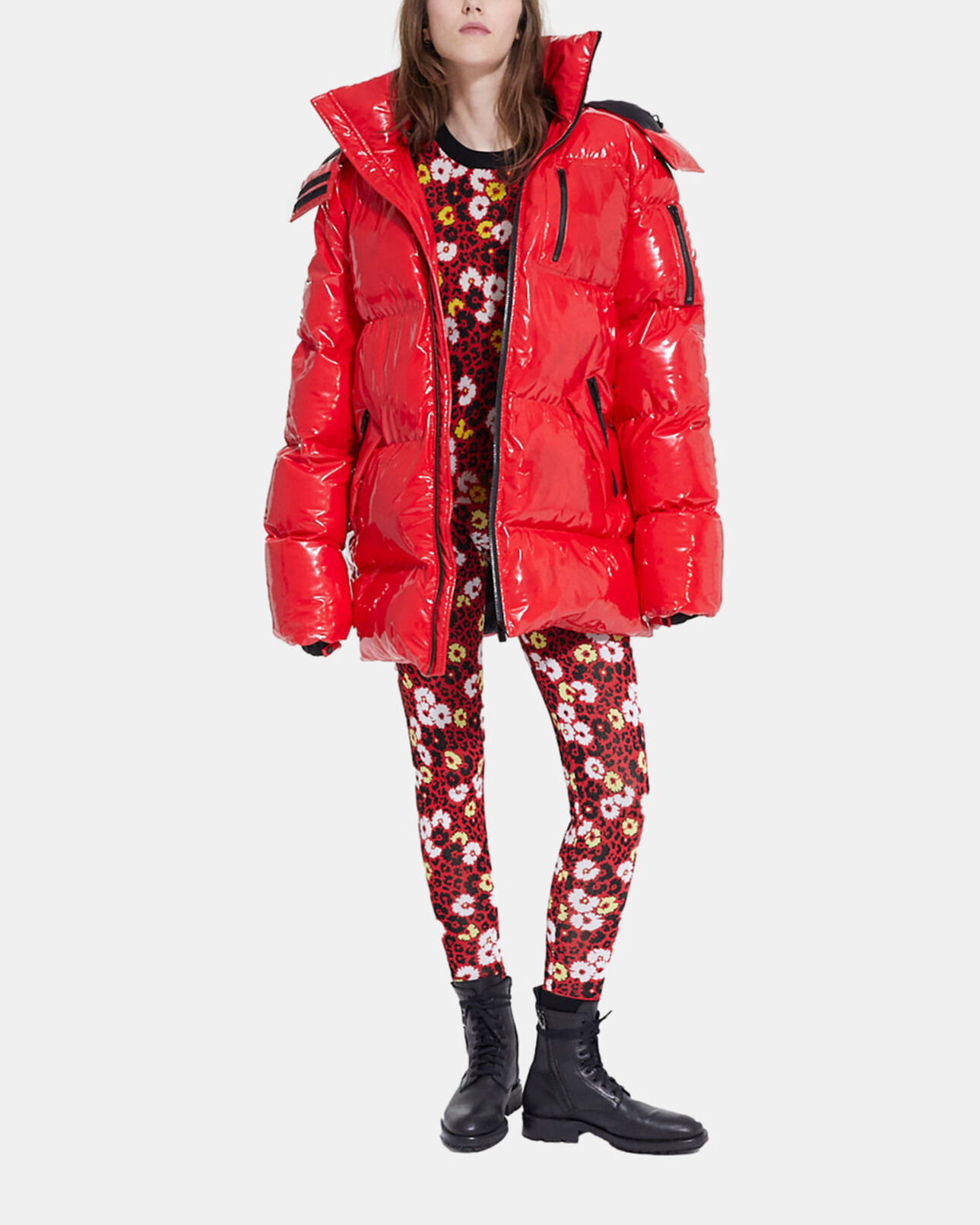 The Kooples FEMME RED doudoune oversize vinyle rouge bretelles à logo