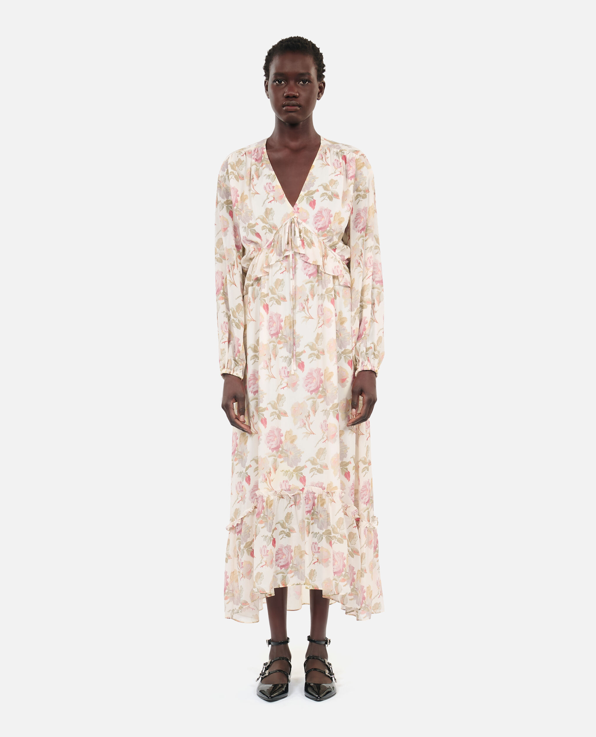 Langes Kleid mit Blumenmuster aus Seide, BEIGE / RED, hi-res image number null