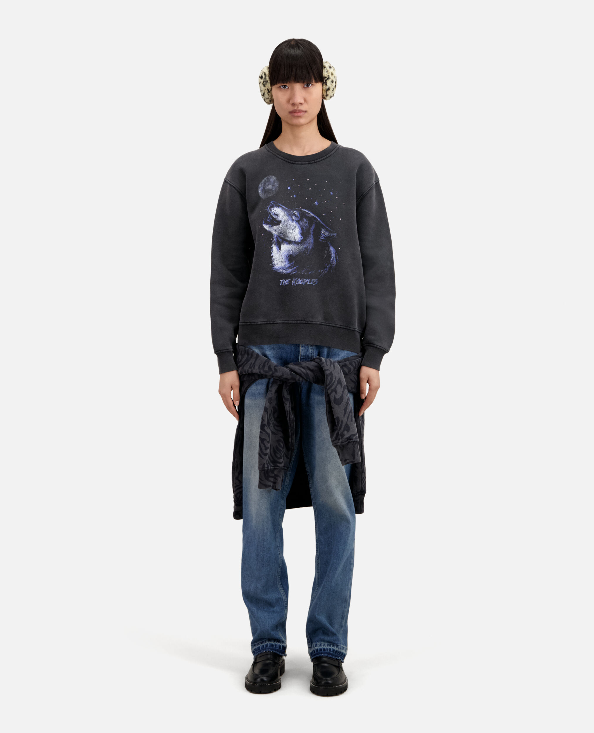 Women's Black sweatshirt with Wolf serigraphy, BLACK WASHED, hi-res image number null