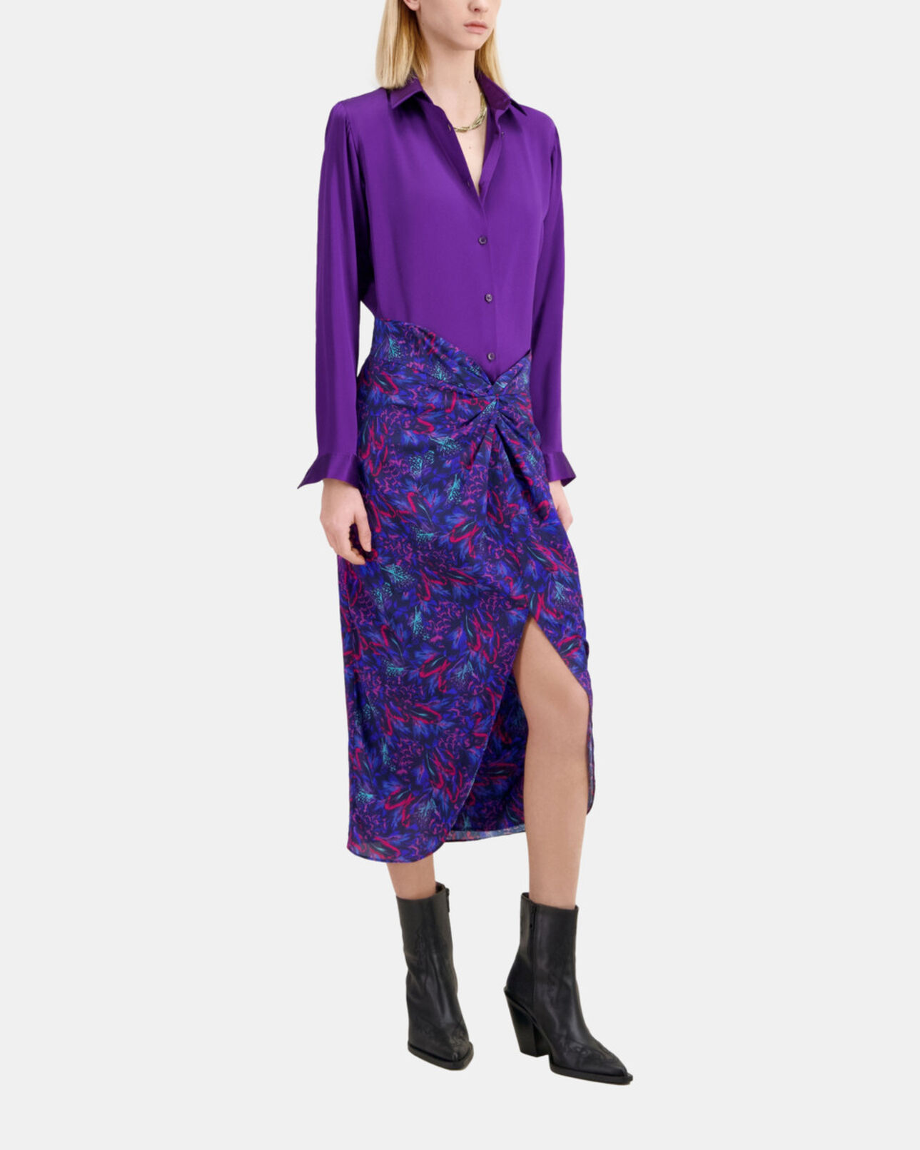 The Kooples WOMEN BLUE RED blue feather print midi skirt with twist