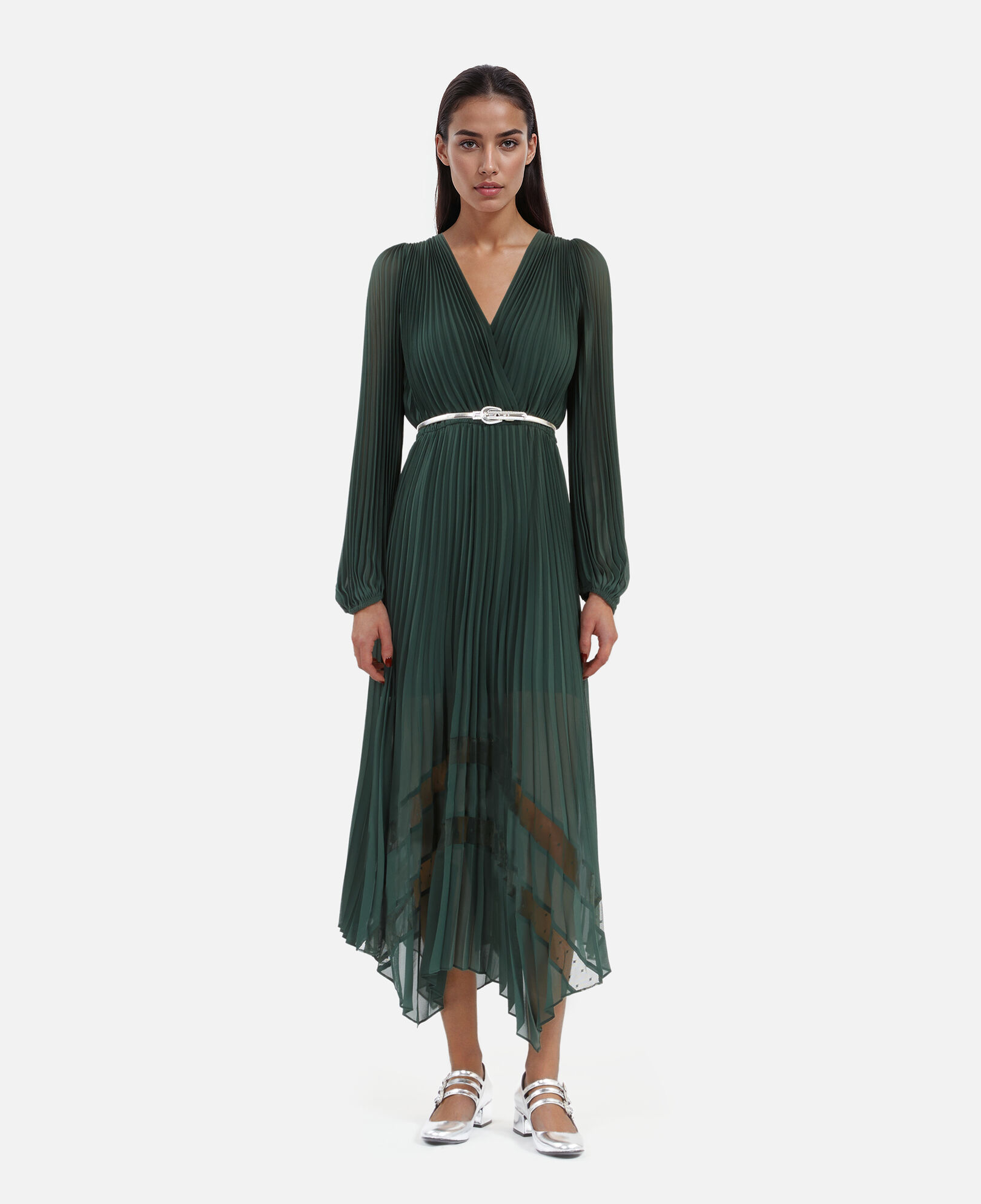 The Kooples WOMEN WOOD KAKI green pleated long dress