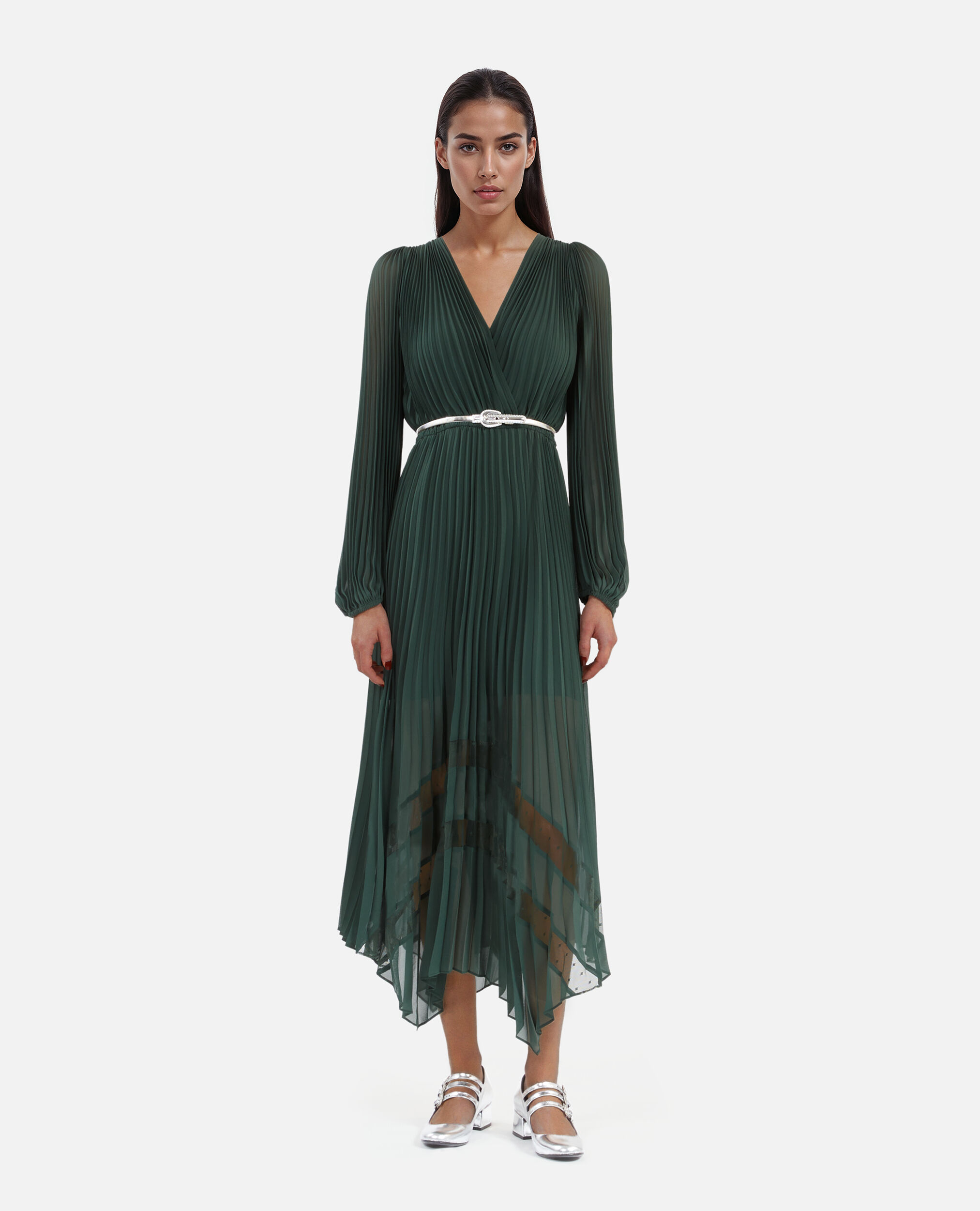 Robe longue plissée verte, WOOD KAKI, hi-res image number null