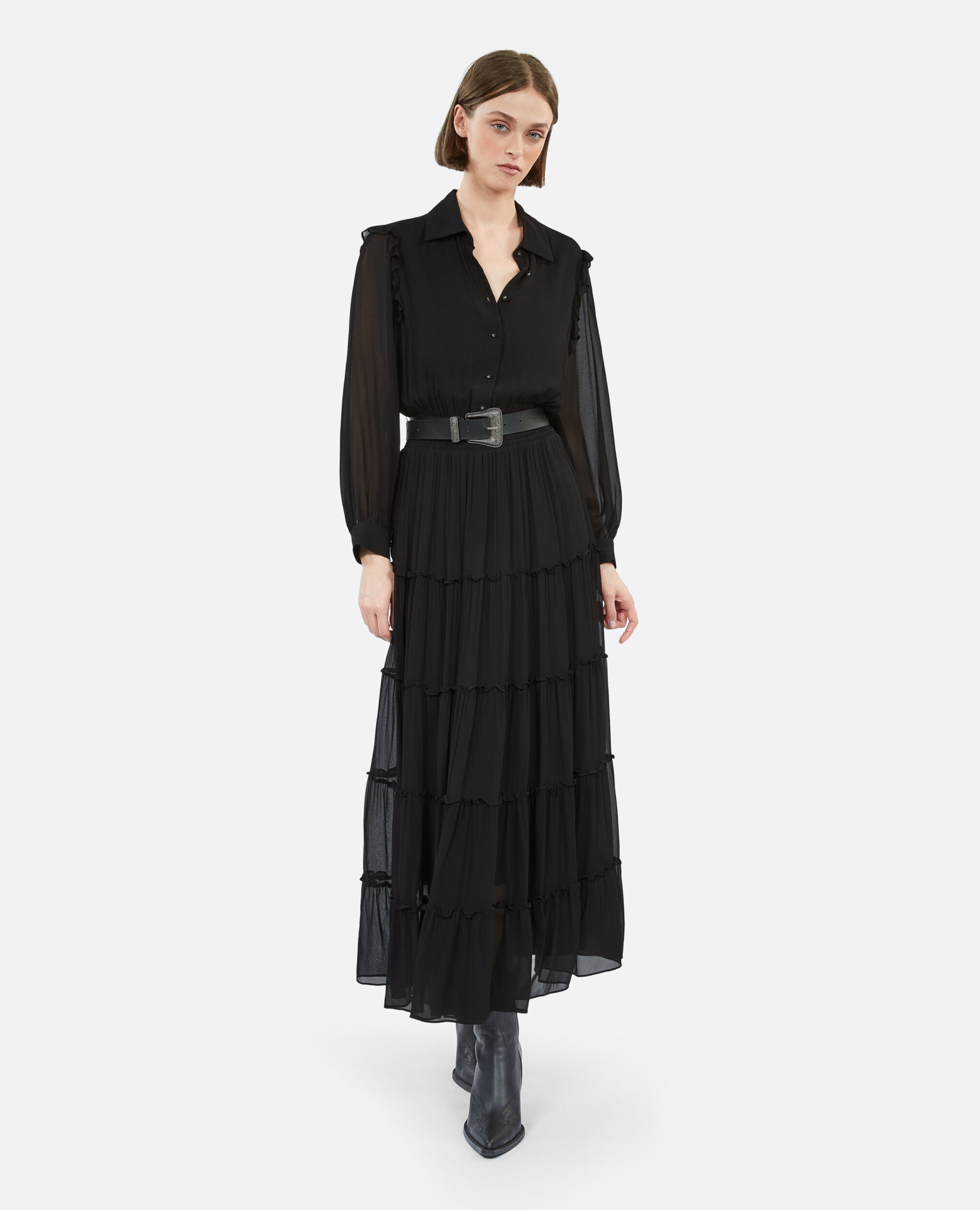 Langes schwarzes Kleid mit Rüschen, BLACK, hi-res image number null