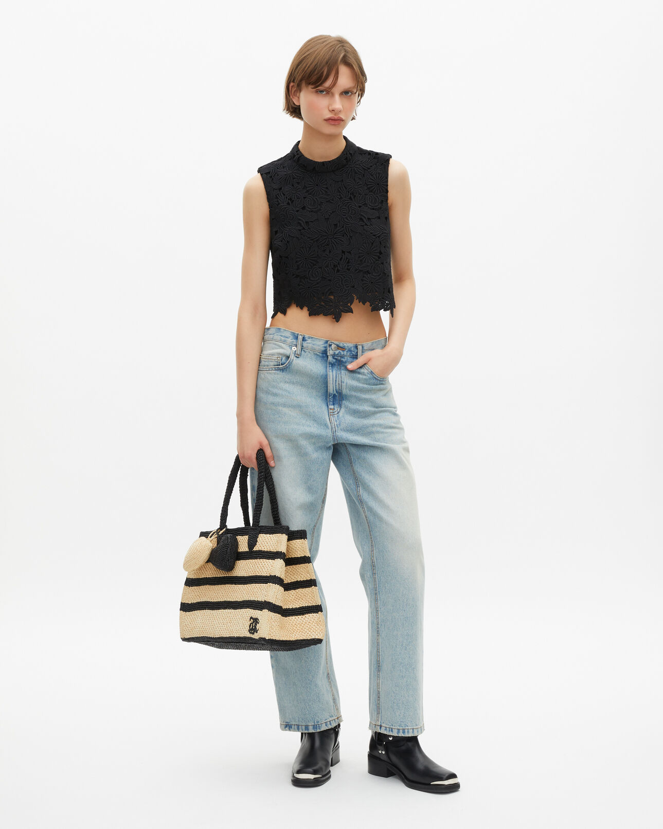 The Kooples WOMEN ECRU BLACK shopping bag in black and ecru raffia