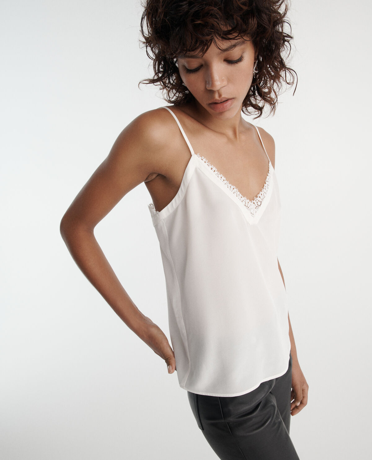 Ecru silk camisole with V-neck and lace back