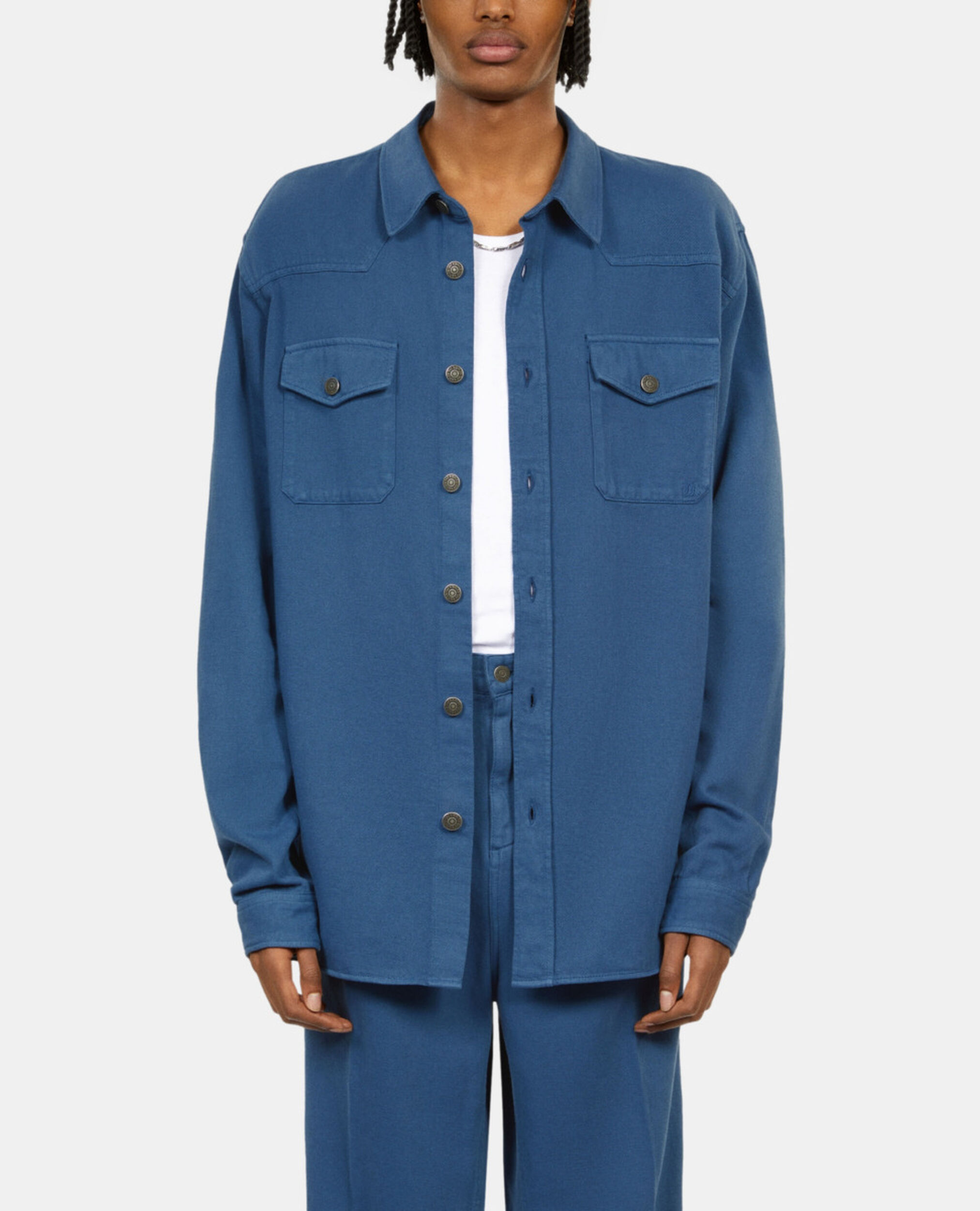 Blue linen and cotton shirt, MIDDLE NAVY, hi-res image number null