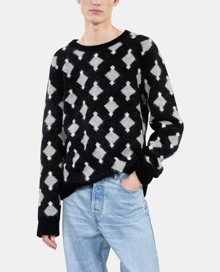 The Kooples HOMME BLACK GREY WHITE pull &agrave; losanges en laine et alpaga noir et gris