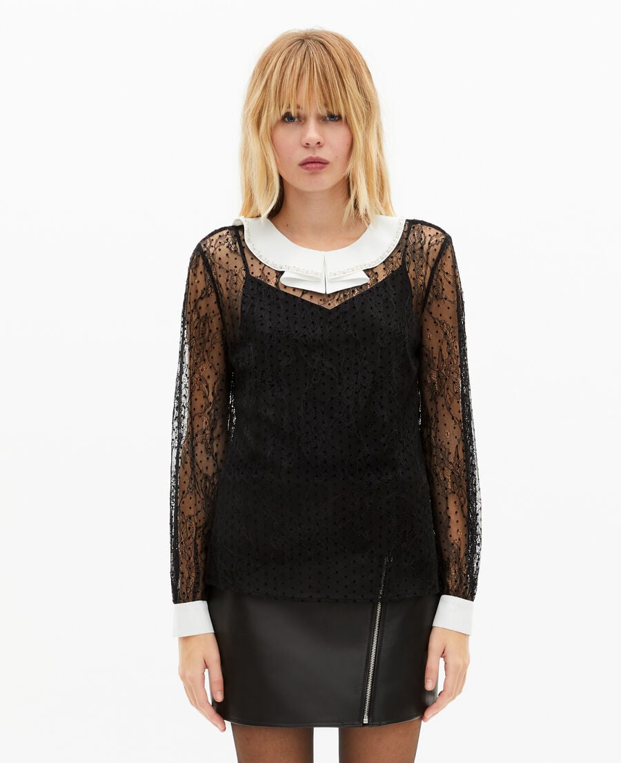 The Kooples F BLACK plumetis lace top with black rhinestones