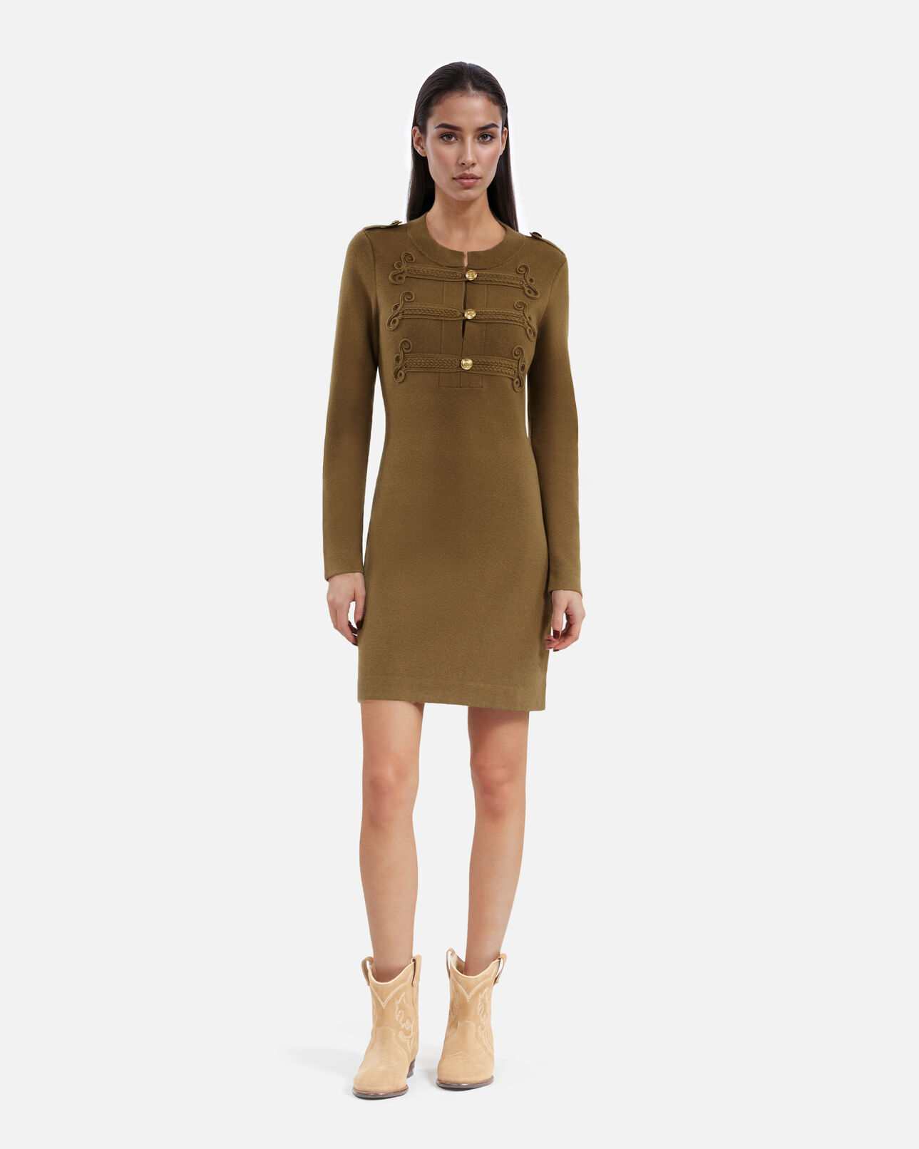 The Kooples WOMEN KAKI officer-style short dress in khaki knit