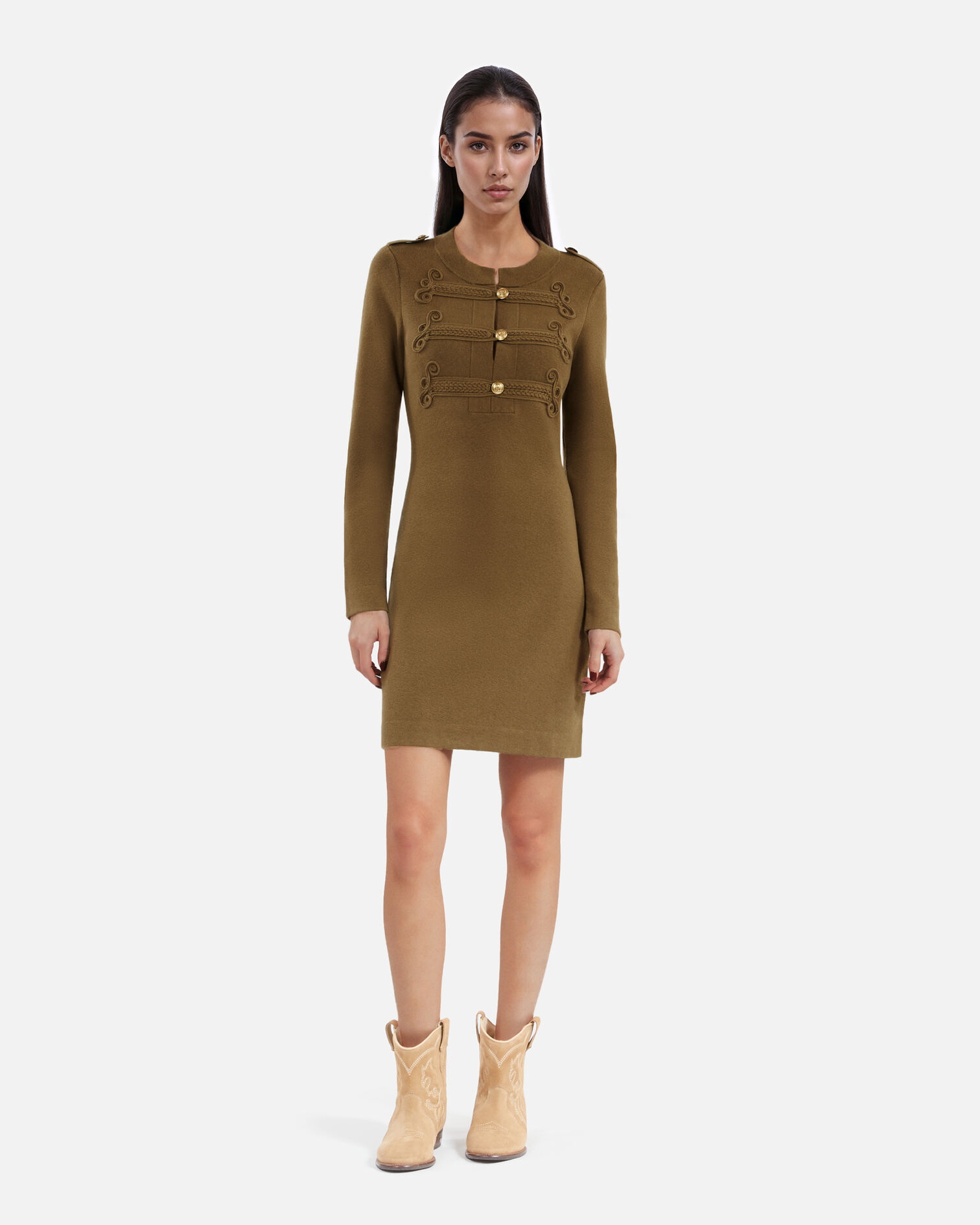 Officer-style short dress in khaki knit, KAKI, hi-res image number null
