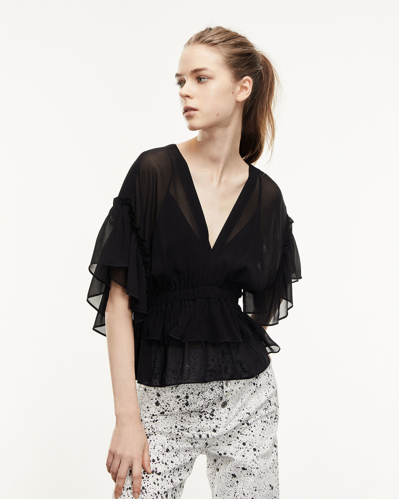 The Kooples FEMME BLACK top fluide noir volants taille élastique