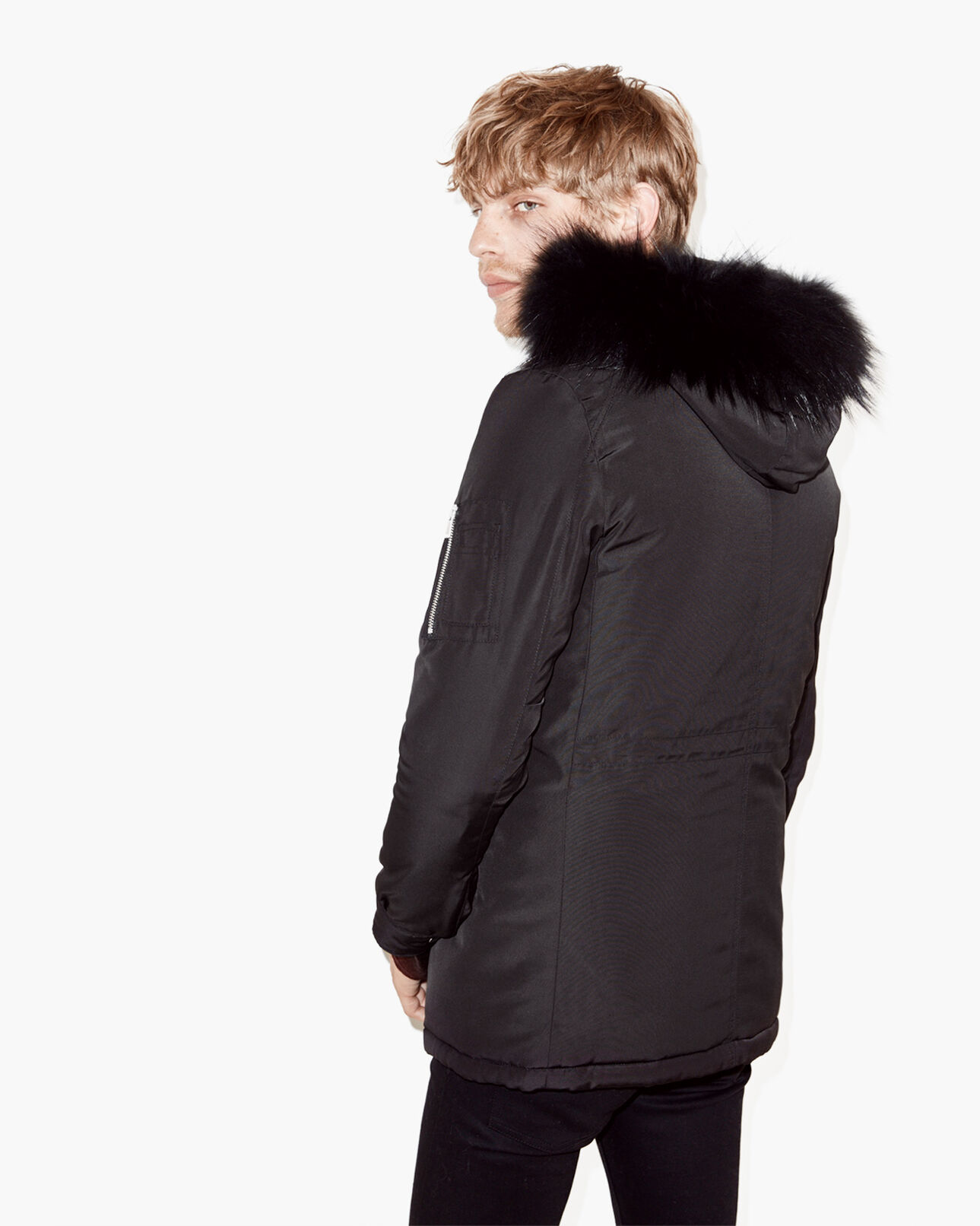 The Kooples HERREN BLACK biker parka mit abnehmbarer gefütterter kapuze und lederdetails