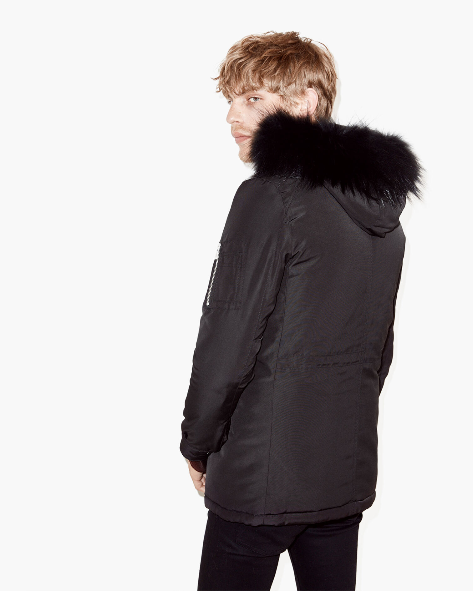 Biker Parka mit abnehmbarer gefütterter Kapuze und Lederdetails, BLACK, hi-res image number null